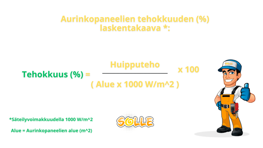 Aurinkopaneelien tehokkuuden laskentakaava.